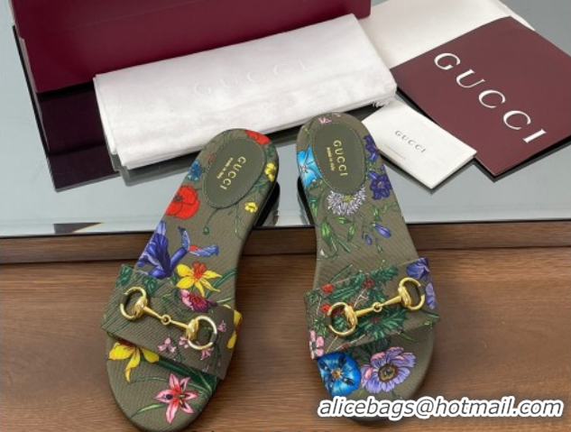 Popular Style Gucci GG Canvas Flat Slides Sandal with Horsebit and Floral Print Green/Multicolored 0609074