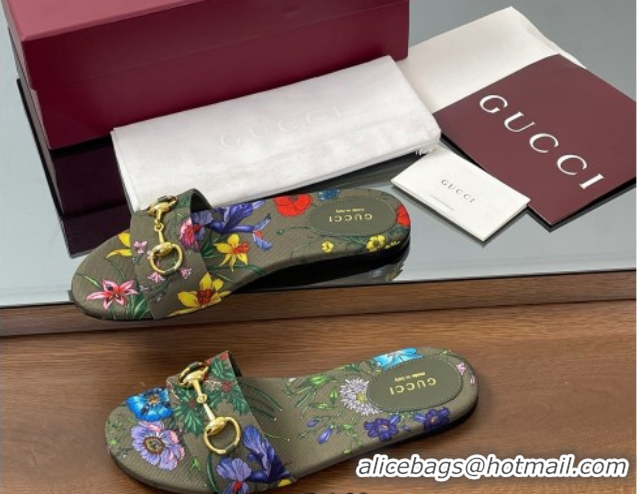 Popular Style Gucci GG Canvas Flat Slides Sandal with Horsebit and Floral Print Green/Multicolored 0609074