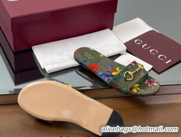 Popular Style Gucci GG Canvas Flat Slides Sandal with Horsebit and Floral Print Green/Multicolored 0609074