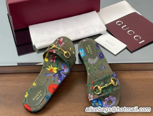 Popular Style Gucci GG Canvas Flat Slides Sandal with Horsebit and Floral Print Green/Multicolored 0609074