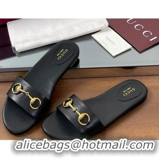 Good Product Gucci Calf Leather Flat Slides Sandal with Horsebit Black 0609079