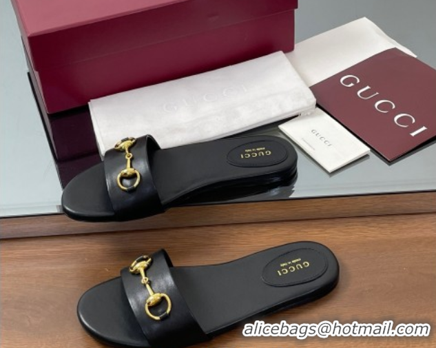 Good Product Gucci Calf Leather Flat Slides Sandal with Horsebit Black 0609079