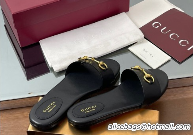 Good Product Gucci Calf Leather Flat Slides Sandal with Horsebit Black 0609079