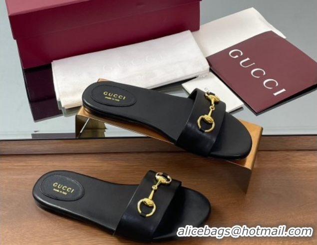 Good Product Gucci Calf Leather Flat Slides Sandal with Horsebit Black 0609079
