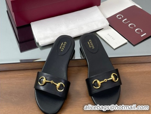 Good Product Gucci Calf Leather Flat Slides Sandal with Horsebit Black 0609079