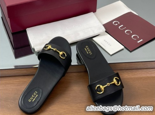 Good Product Gucci Calf Leather Flat Slides Sandal with Horsebit Black 0609079