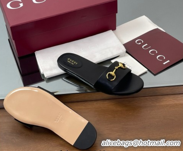 Good Product Gucci Calf Leather Flat Slides Sandal with Horsebit Black 0609079
