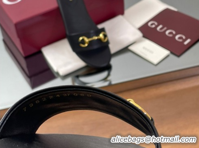 Good Product Gucci Calf Leather Flat Slides Sandal with Horsebit Black 0609079