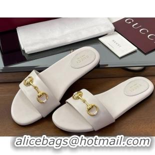 Top Grade Gucci Calf Leather Flat Slides Sandal with Horsebit White 0609080