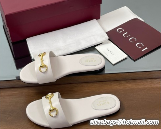 Top Grade Gucci Calf Leather Flat Slides Sandal with Horsebit White 0609080