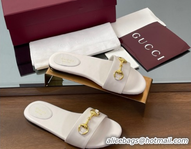 Top Grade Gucci Calf Leather Flat Slides Sandal with Horsebit White 0609080