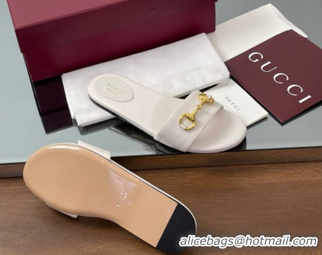 Top Grade Gucci Calf Leather Flat Slides Sandal with Horsebit White 0609080