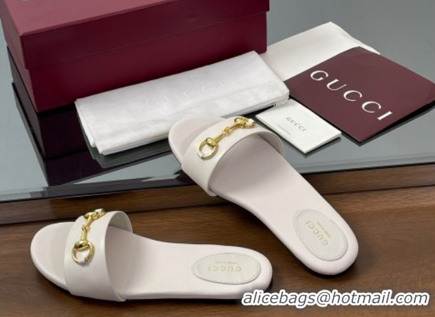 Top Grade Gucci Calf Leather Flat Slides Sandal with Horsebit White 0609080
