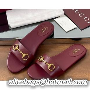 Pretty Style Gucci Calf Leather Flat Slides Sandal with Horsebit Red 0609081