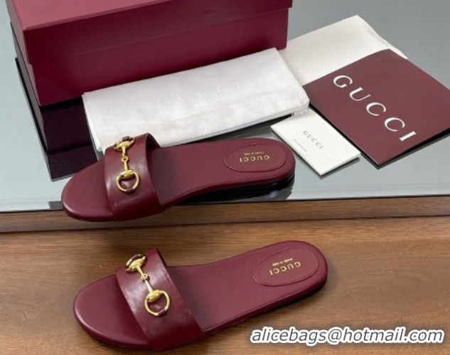 Pretty Style Gucci Calf Leather Flat Slides Sandal with Horsebit Red 0609081