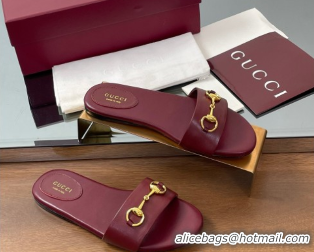 Pretty Style Gucci Calf Leather Flat Slides Sandal with Horsebit Red 0609081