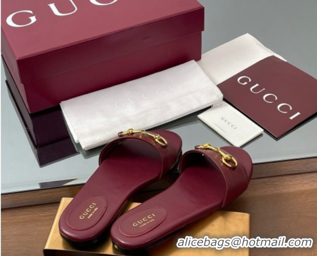 Pretty Style Gucci Calf Leather Flat Slides Sandal with Horsebit Red 0609081