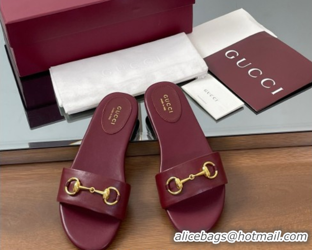 Pretty Style Gucci Calf Leather Flat Slides Sandal with Horsebit Red 0609081