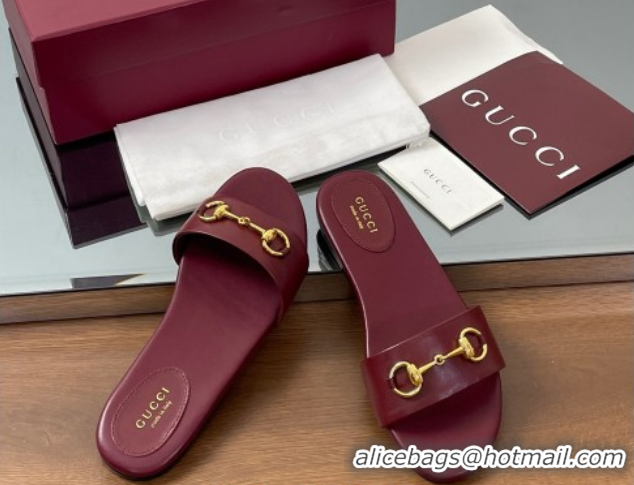 Pretty Style Gucci Calf Leather Flat Slides Sandal with Horsebit Red 0609081