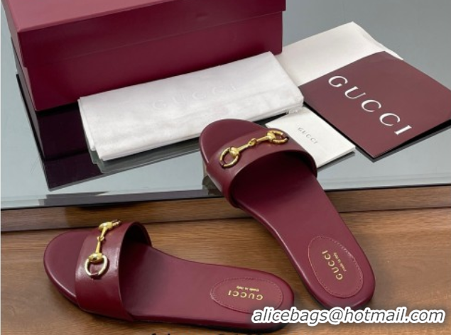 Pretty Style Gucci Calf Leather Flat Slides Sandal with Horsebit Red 0609081