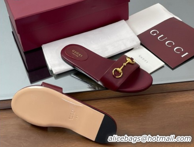 Pretty Style Gucci Calf Leather Flat Slides Sandal with Horsebit Red 0609081