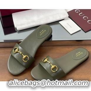 Good Product Gucci Calf Leather Flat Slides Sandal with Horsebit Green 0609082