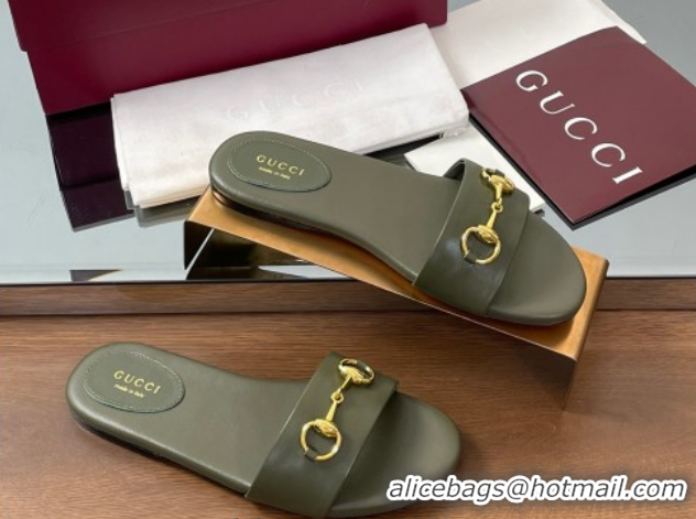 Good Product Gucci Calf Leather Flat Slides Sandal with Horsebit Green 0609082