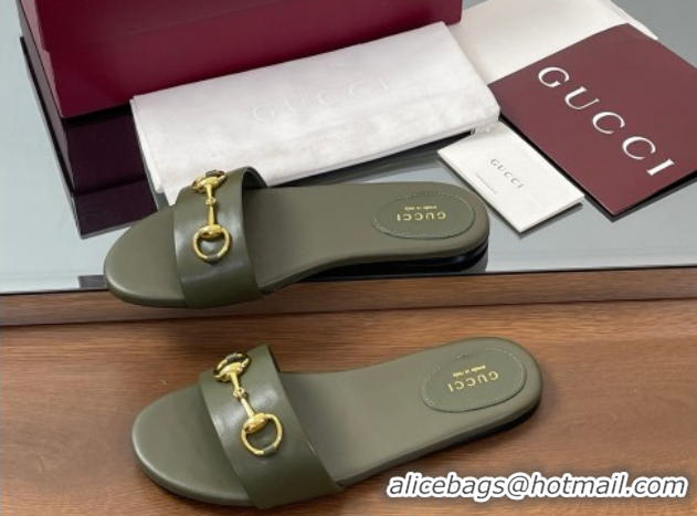 Good Product Gucci Calf Leather Flat Slides Sandal with Horsebit Green 0609082