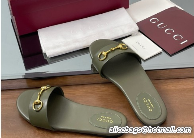 Good Product Gucci Calf Leather Flat Slides Sandal with Horsebit Green 0609082
