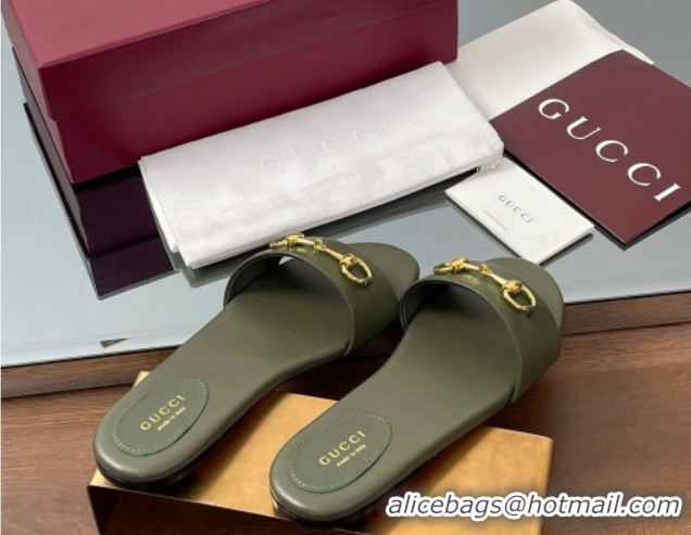 Good Product Gucci Calf Leather Flat Slides Sandal with Horsebit Green 0609082