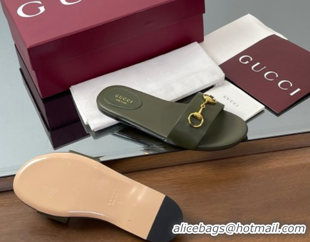 Good Product Gucci Calf Leather Flat Slides Sandal with Horsebit Green 0609082