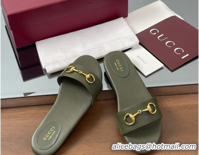 Good Product Gucci Calf Leather Flat Slides Sandal with Horsebit Green 0609082