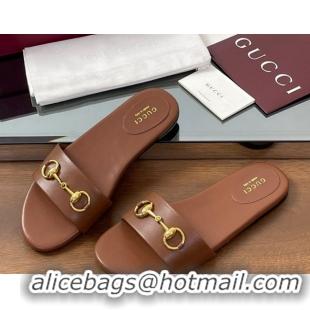 Good Quality Gucci Calf Leather Flat Slides Sandal with Horsebit Brown 0609083