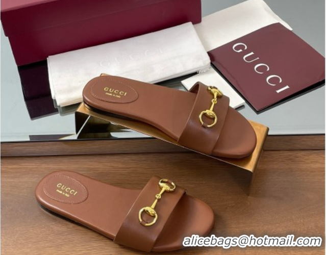 Good Quality Gucci Calf Leather Flat Slides Sandal with Horsebit Brown 0609083