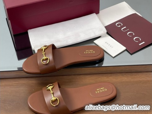 Good Quality Gucci Calf Leather Flat Slides Sandal with Horsebit Brown 0609083