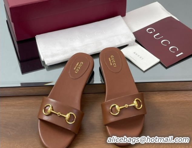 Good Quality Gucci Calf Leather Flat Slides Sandal with Horsebit Brown 0609083
