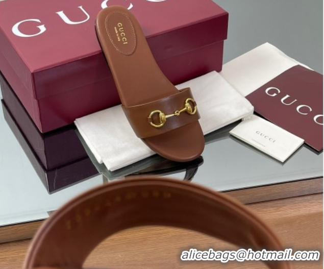 Good Quality Gucci Calf Leather Flat Slides Sandal with Horsebit Brown 0609083