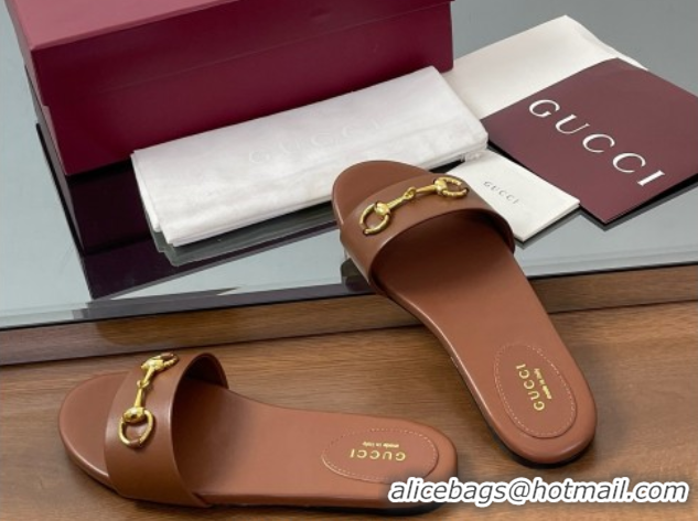 Good Quality Gucci Calf Leather Flat Slides Sandal with Horsebit Brown 0609083