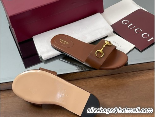 Good Quality Gucci Calf Leather Flat Slides Sandal with Horsebit Brown 0609083