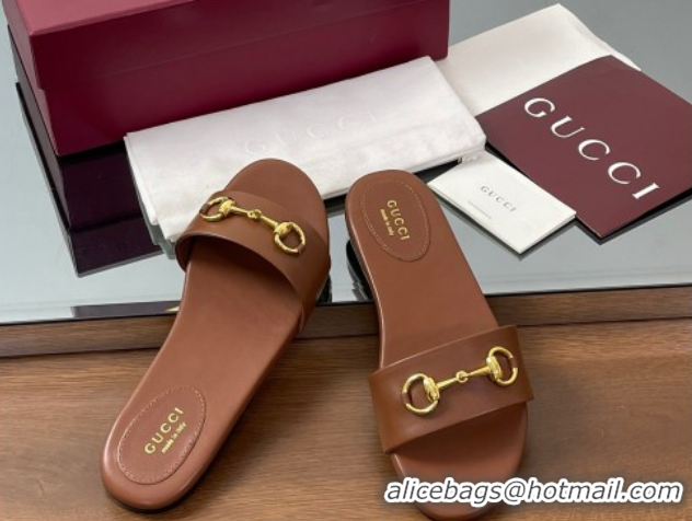 Good Quality Gucci Calf Leather Flat Slides Sandal with Horsebit Brown 0609083