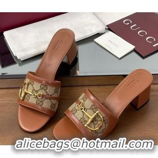 Popular Style Gucci Heel Slides Sandal 5.5cm in GG Canvas and Lambskin with Horsebit Brown 0609084