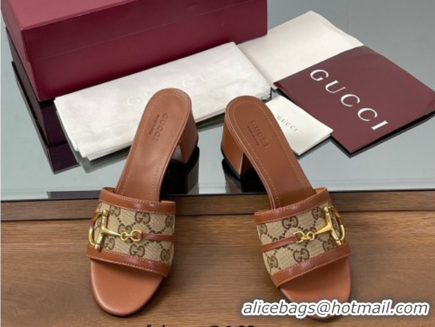 Popular Style Gucci Heel Slides Sandal 5.5cm in GG Canvas and Lambskin with Horsebit Brown 0609084