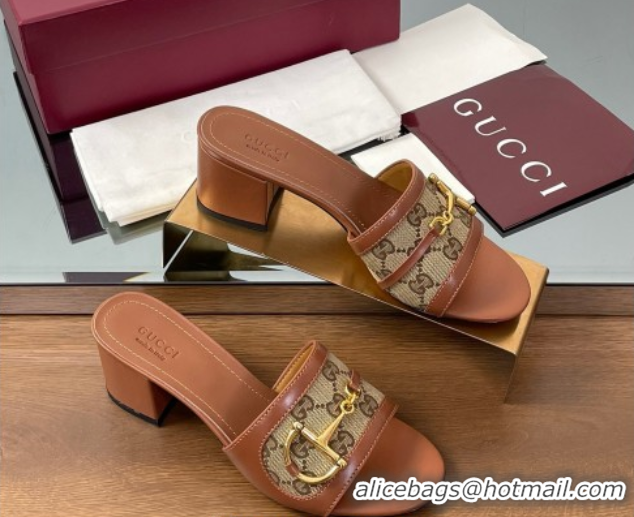 Popular Style Gucci Heel Slides Sandal 5.5cm in GG Canvas and Lambskin with Horsebit Brown 0609084