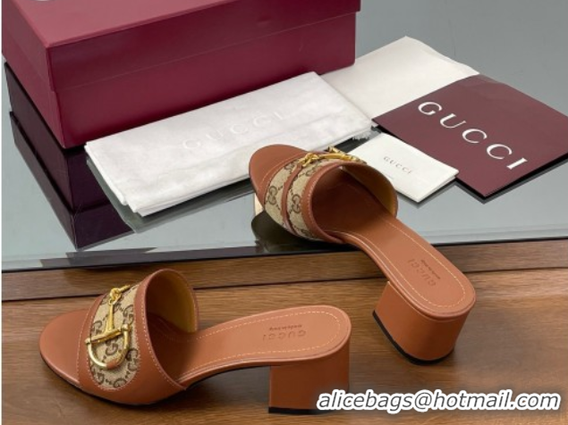 Popular Style Gucci Heel Slides Sandal 5.5cm in GG Canvas and Lambskin with Horsebit Brown 0609084