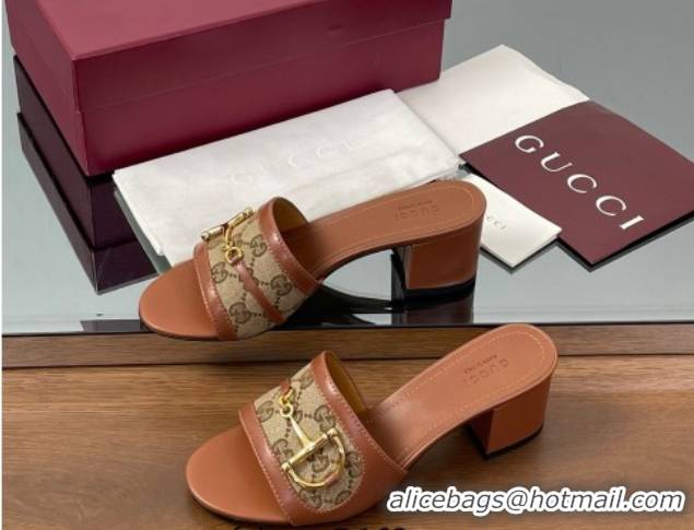 Popular Style Gucci Heel Slides Sandal 5.5cm in GG Canvas and Lambskin with Horsebit Brown 0609084