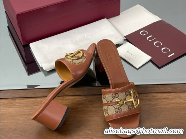 Popular Style Gucci Heel Slides Sandal 5.5cm in GG Canvas and Lambskin with Horsebit Brown 0609084
