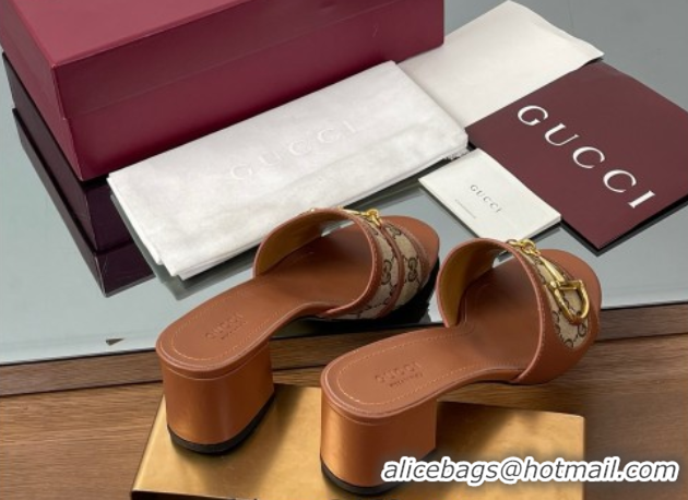 Popular Style Gucci Heel Slides Sandal 5.5cm in GG Canvas and Lambskin with Horsebit Brown 0609084