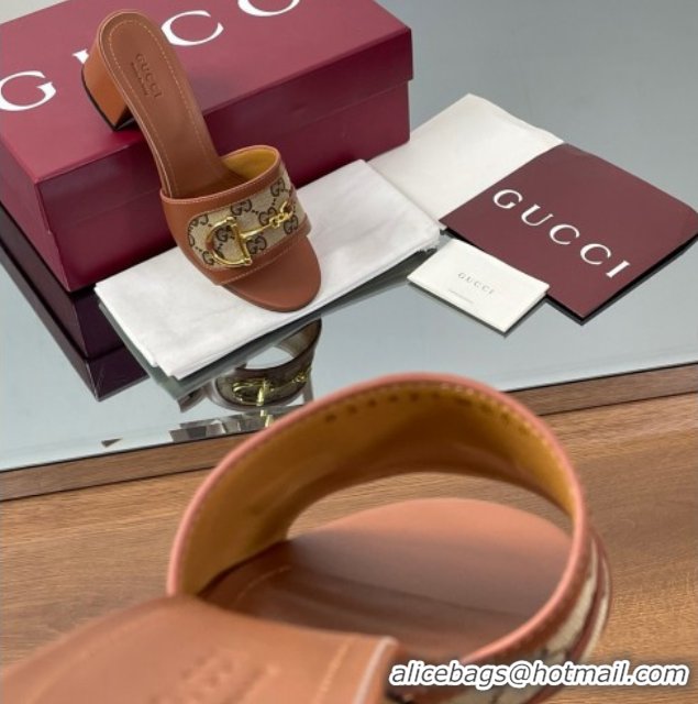 Popular Style Gucci Heel Slides Sandal 5.5cm in GG Canvas and Lambskin with Horsebit Brown 0609084