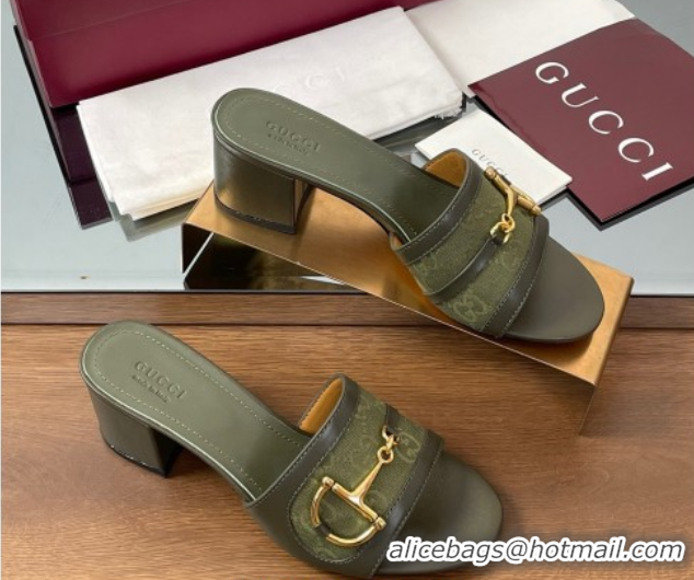 Best Product Gucci Heel Slides Sandal 5.5cm in GG Canvas and Lambskin with Horsebit Green 0609085