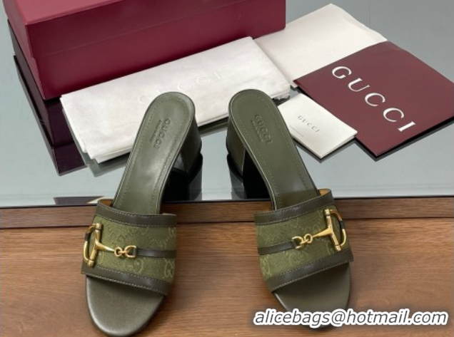 Best Product Gucci Heel Slides Sandal 5.5cm in GG Canvas and Lambskin with Horsebit Green 0609085